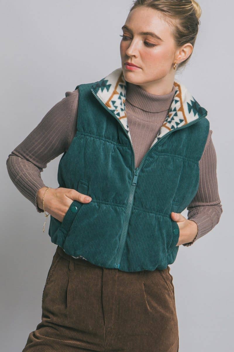Reversible Corduroy Puffer Vest - black available