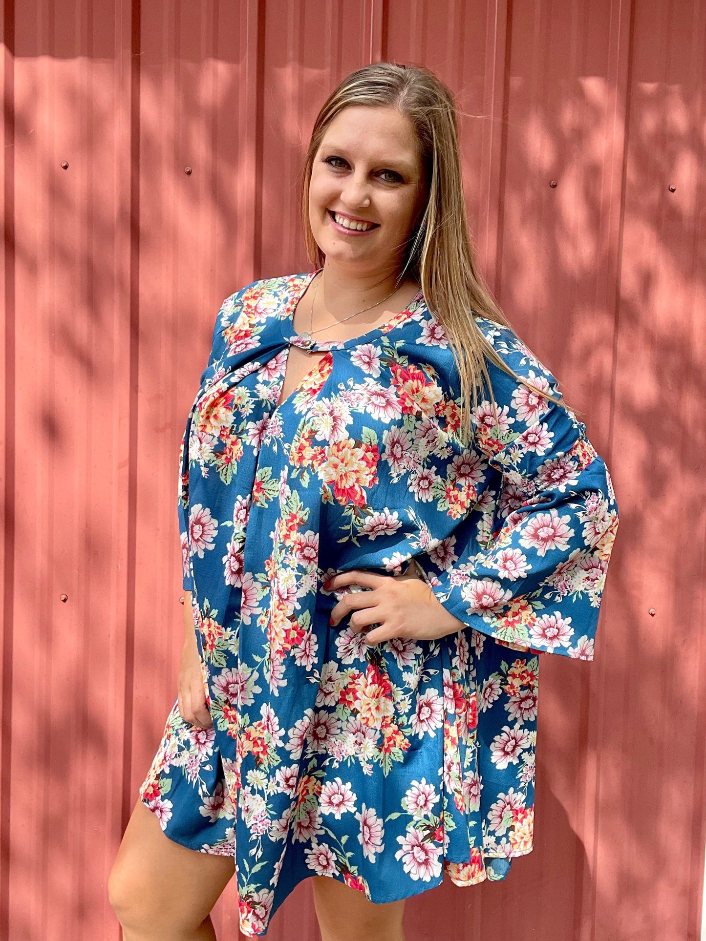 TEAL FLORAL KEYHOLE BELL SLEEVE DRESS- SALE