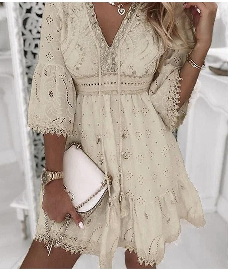 Lace Embroidered Romance Dress - Sweet and Fresh Floral Cotton Dress for Women