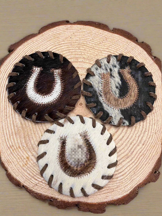 Horse Shoe Cowhide Coasters with Laced Border