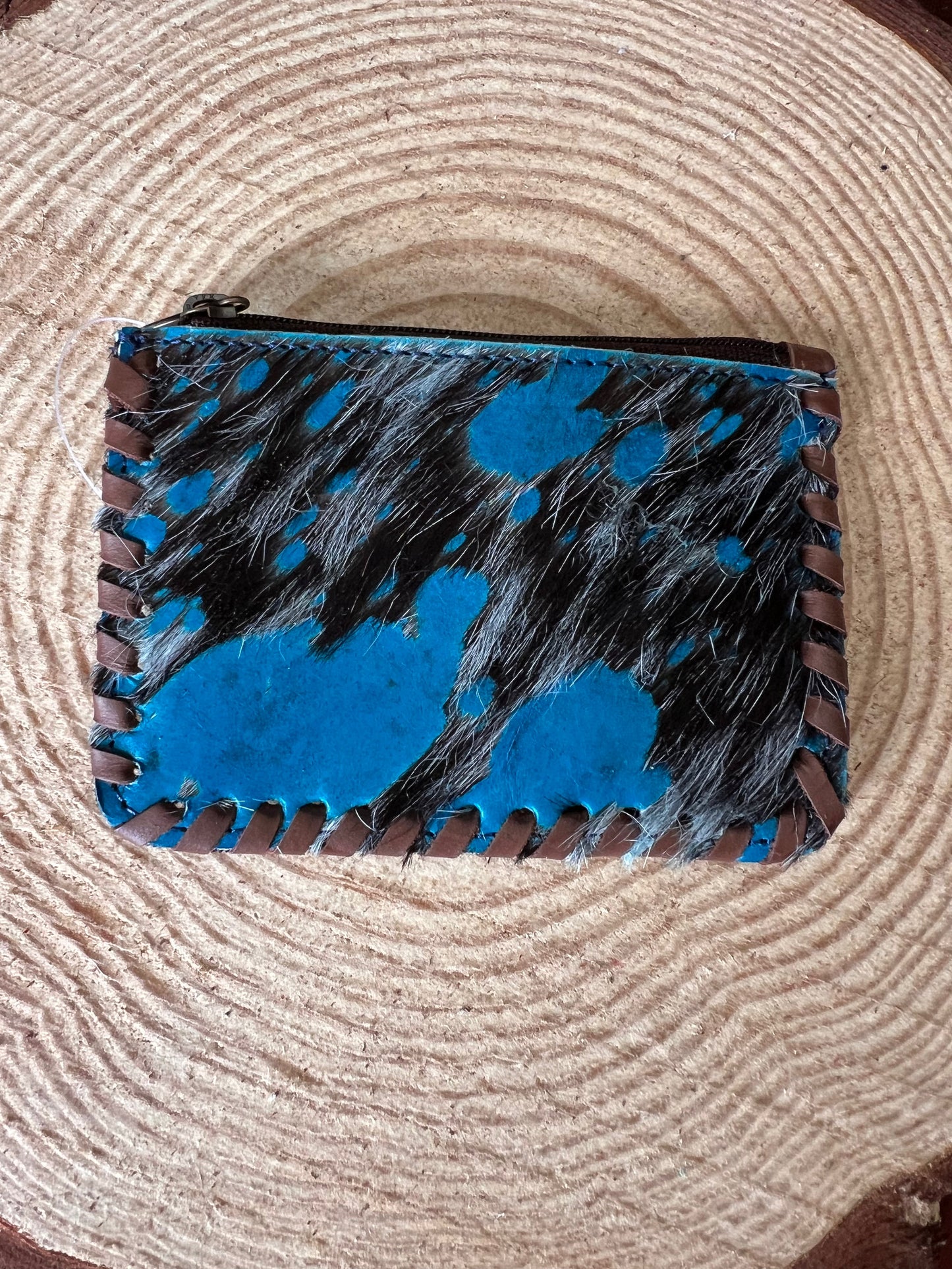 Hair on Hide Coin Purse with teal splattered paint