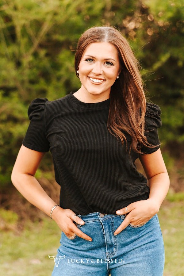 Midnight Western Ribbed Puff Sleeve Top