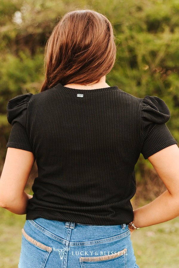 Midnight Western Ribbed Puff Sleeve Top