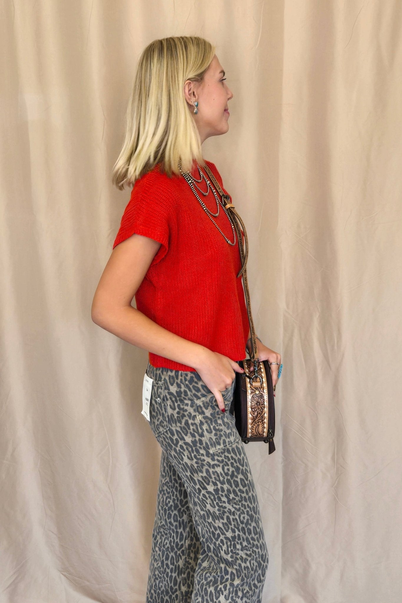 Devils Tower Ribbed Sweater Top - Red, Cream, Taupe, and Black