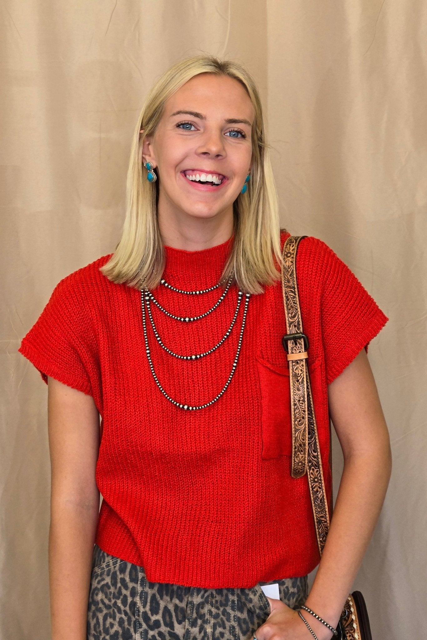 Devils Tower Ribbed Sweater Top - Red, Cream, Taupe, and Black