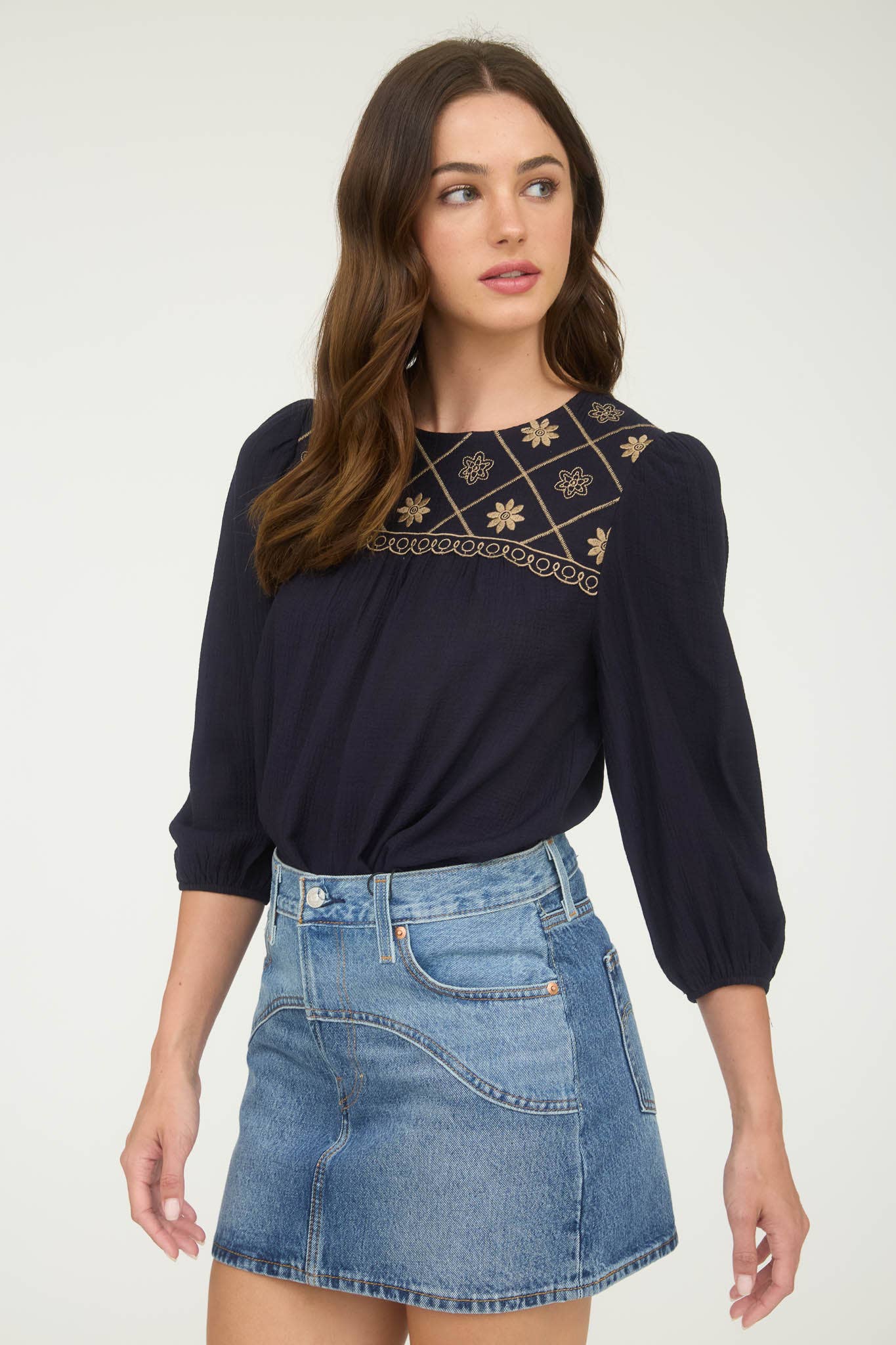 Floral Embroidered Yoke 3/4 Sleeve Blouse