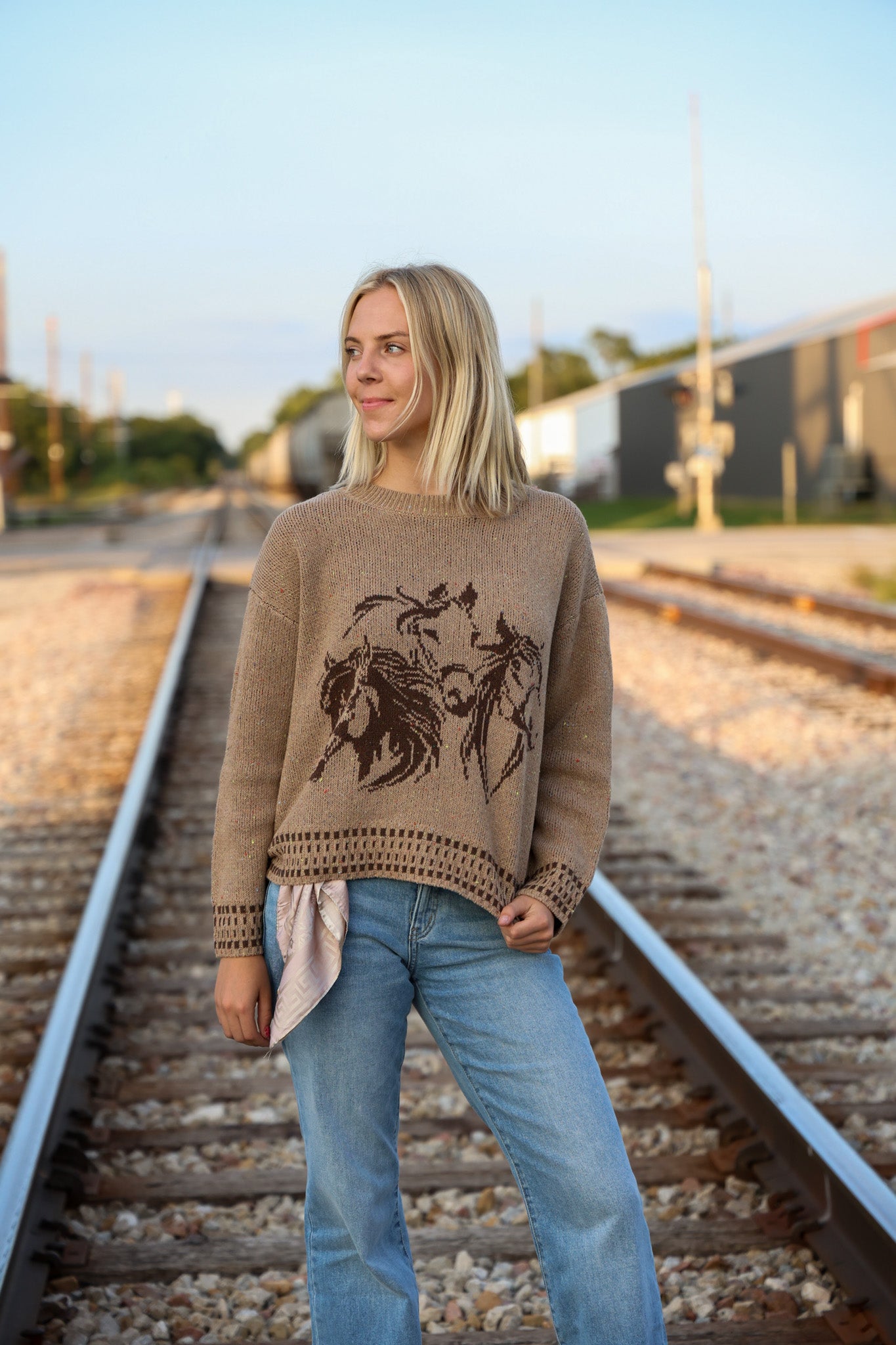 Horse Jacquard Long Long Sleeve Knit Sweater - Tan or Charcoal
