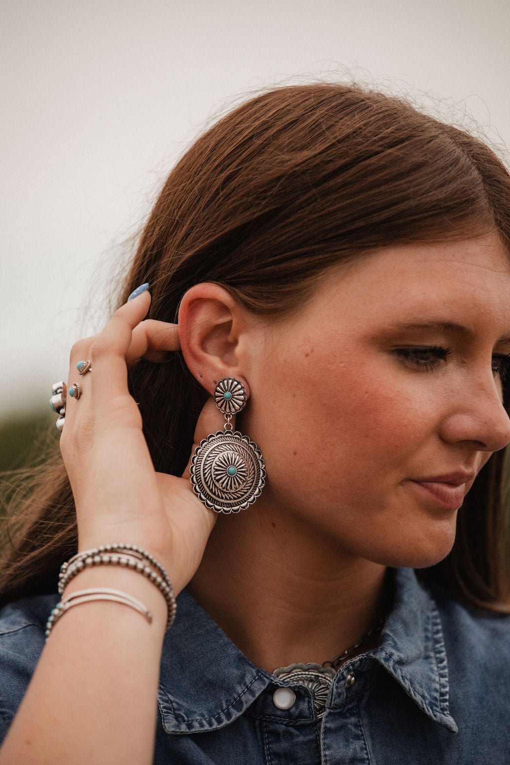 Western Concho Dangle Earrings with Faux Turquoise